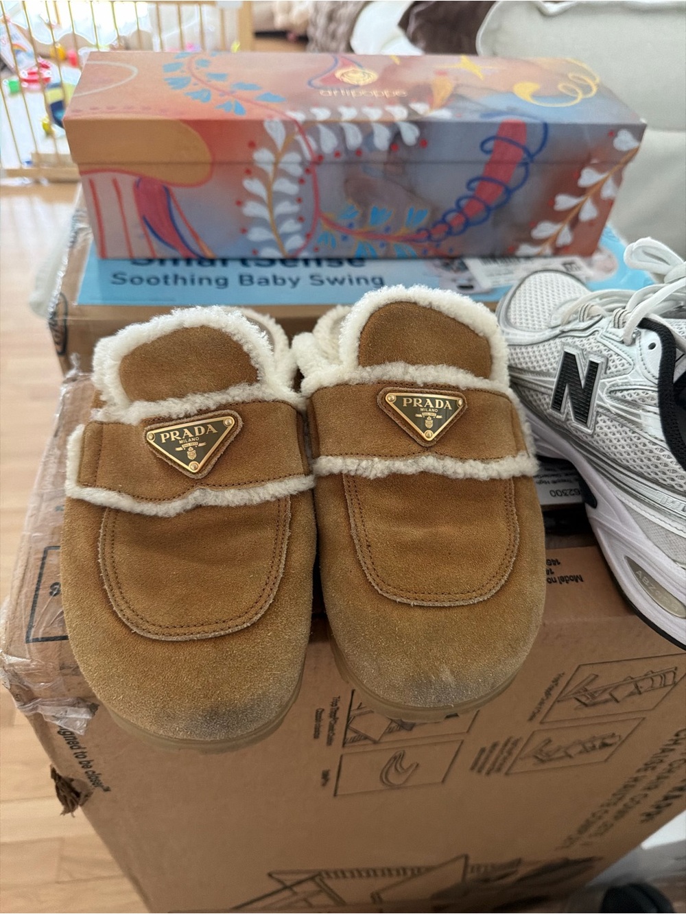 Prada Brown suede and shearling mules